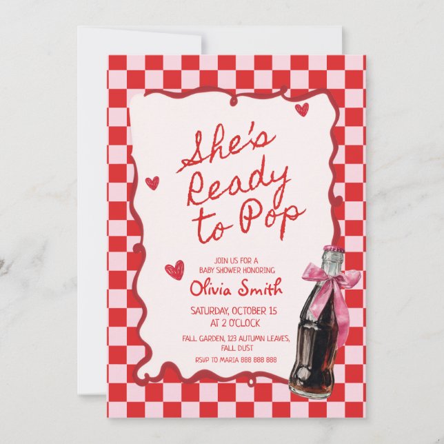 Invitación  She's Ready to Pop Soda pink & red Baby Shower  (Anverso)