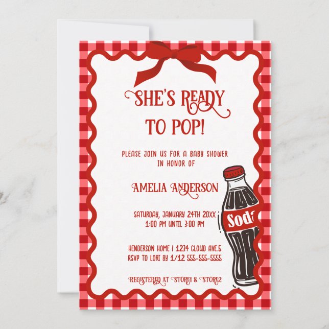 Invitación She's Ready to Pop Soda Red Gingham (Anverso)