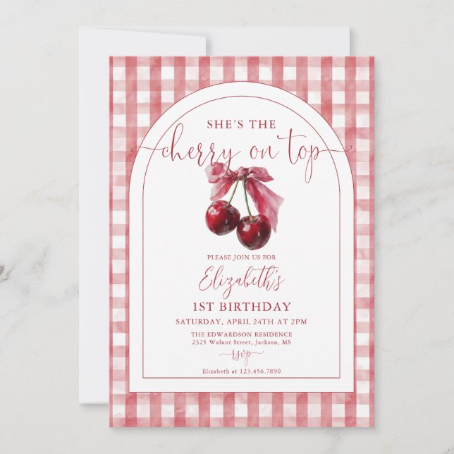 Invitación She's The Cherry On Top Bow Birthday (Anverso)