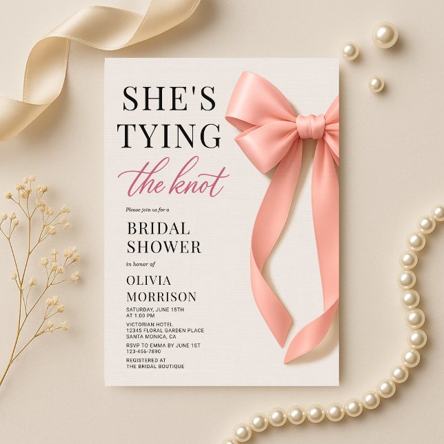 Invitación She's Tying The Knot Blush Pink Bow Bridal Shower (Subido por el creador)