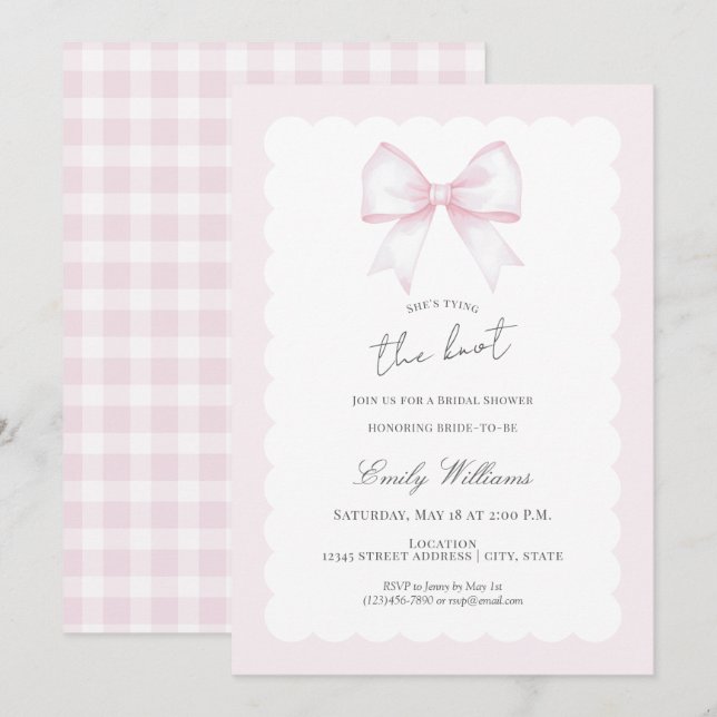 Invitación She's Tying The Knot Pink Blush Bow Bridal Shower (Anverso / Reverso)