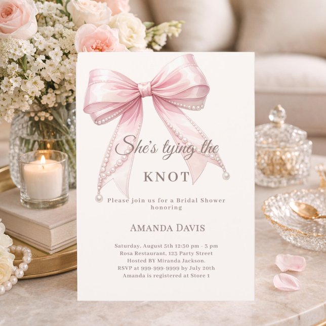 Invitación She's tying the knot pink bow pearls Bridal Shower (Subido por el creador)