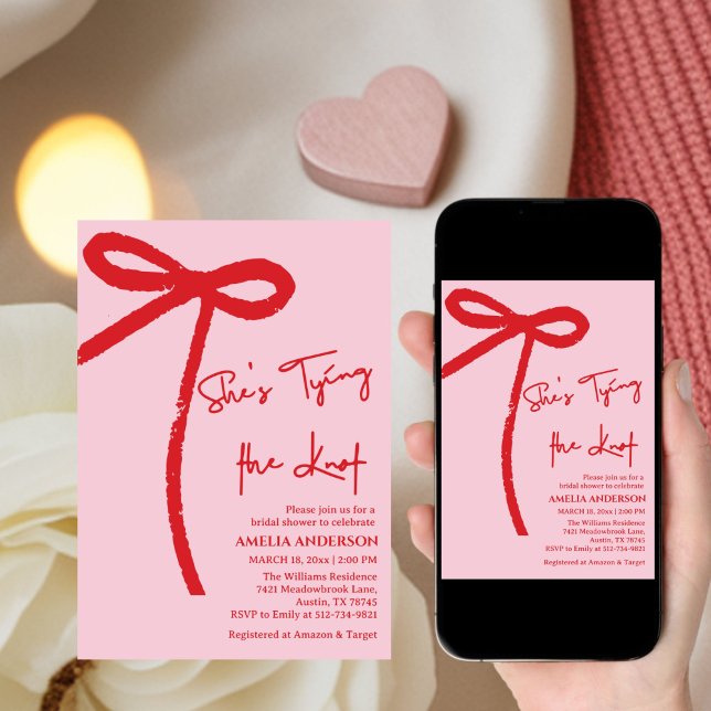 Invitación  She's Tying the Knot Red,pink Bow Bridal Shower  (Subido por el creador)