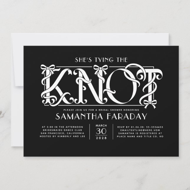 Invitación She's Tying The Knot White Bow Black Bridal Shower (Anverso)