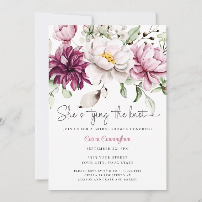 Invitación She's Tying the Knot White Pink Floral Bridal  (Anverso)