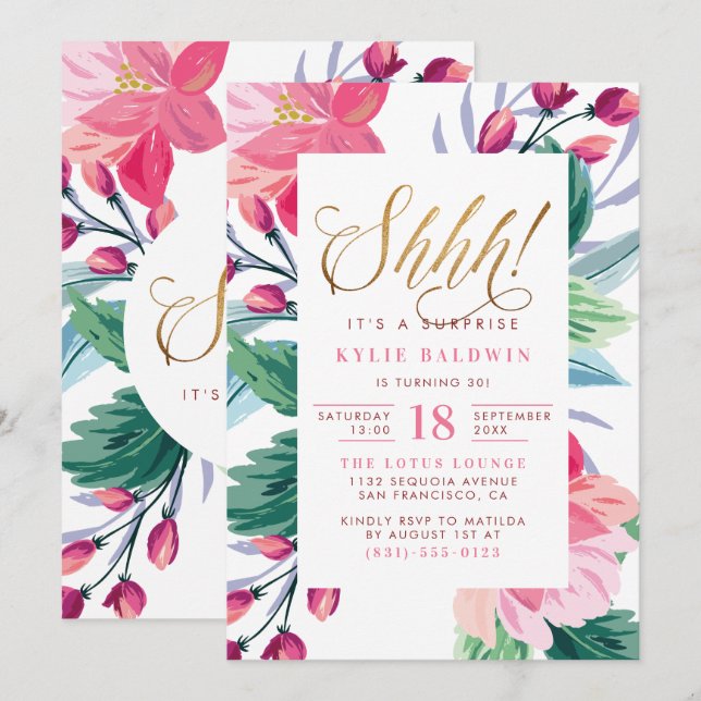 Invitación ¡Shh! Elegante Gold Script Floral Surprise Cumplea (Anverso / Reverso)
