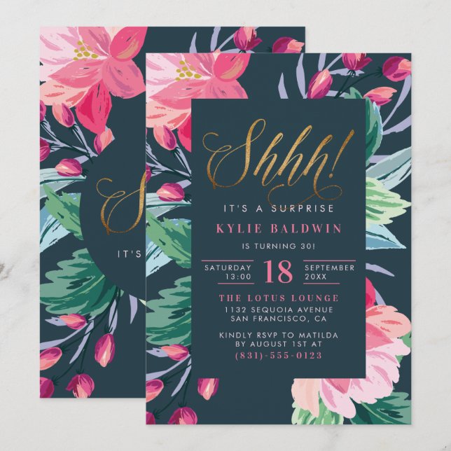 Invitación ¡Shh! Purpurina de oro Script Floral Surprise Cump (Anverso / Reverso)