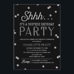 Invitación Shh Sorpresa fiesta de cumpleaños falso Purpurina<br><div class="desc">Esta moda y elegante invitación al Surprise Birthday Party presenta un elegante confetti purpurina plateado con una tipografía moderna que es ideal para cualquier edad. Color de fondo Personalizar. *Tenga en cuenta que esto no es purpurina real y que se imprimirá sin formato. Para una invitación aún más memorable, seleccione...</div>