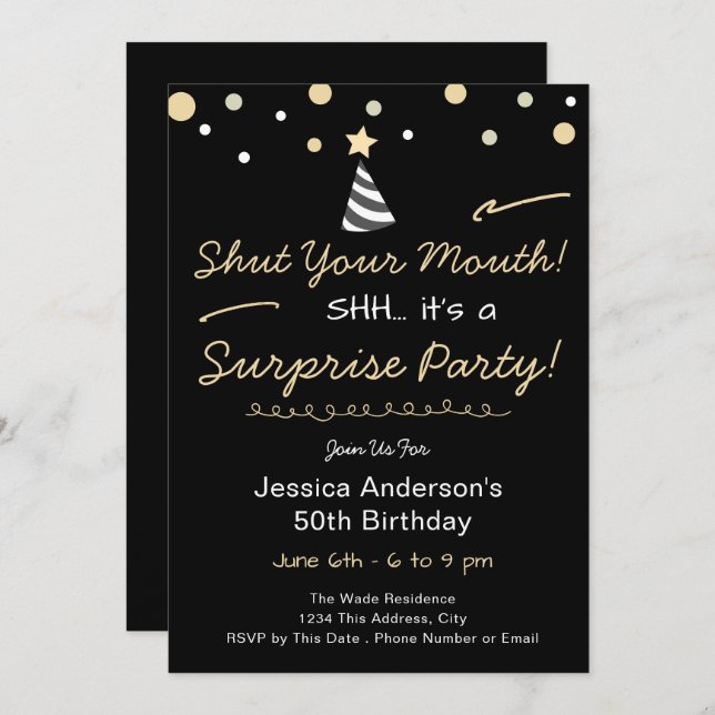 Invitación Shh Surprise Birthday Party (Anverso / Reverso)