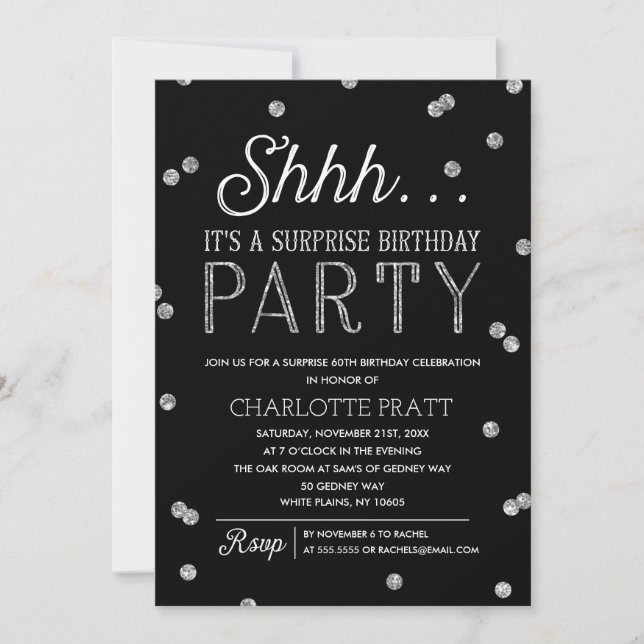 Invitación Shh Surprise Cumpleaños Party Faux Purpurina Confe (Anverso)
