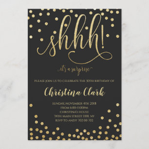 Invitación Shh Surprise Fiesta de cumpleaños Black Gold Confe