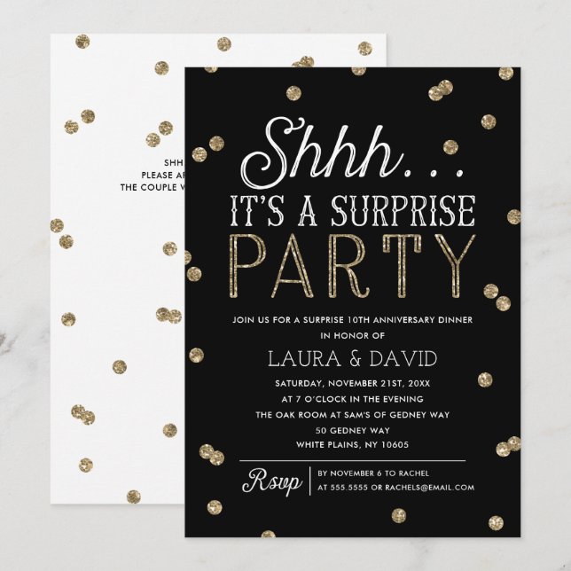 Invitación Shh Surprise Fiesta Faux Gold Purpurina Confetti (Anverso / Reverso)