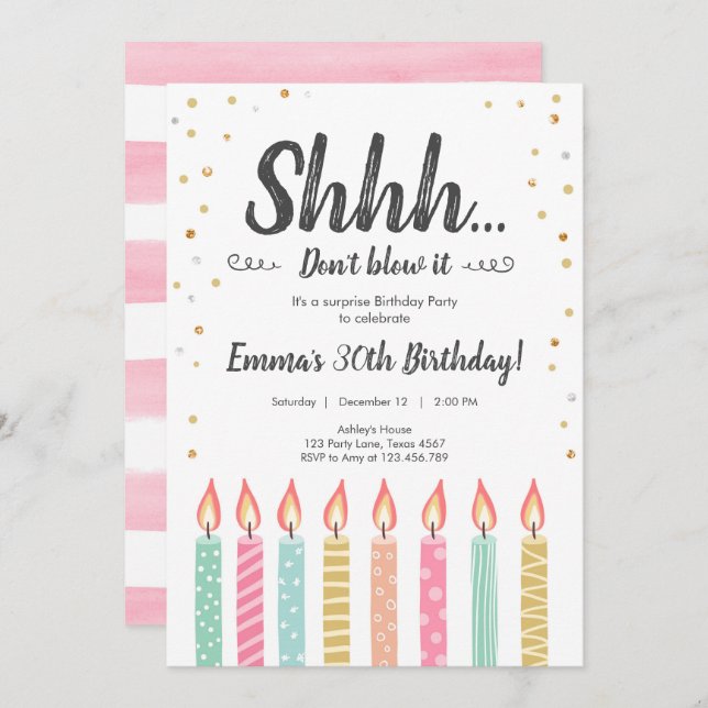 Invitación Shhh es una fiesta de cumpleaños sorpresa de los g (Anverso / Reverso)