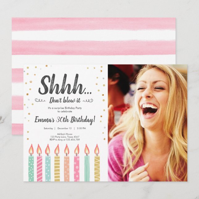 Invitación Shhh es una fiesta de cumpleaños sorpresa de los g (Anverso / Reverso)