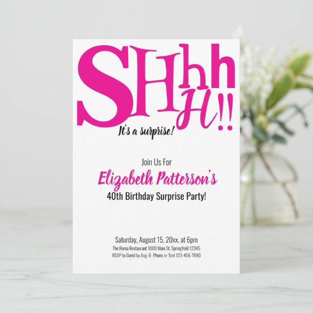 Invitación Shhh es una fiesta sorpresa de cumpleaños 40 rosa  (Anverso de pie)
