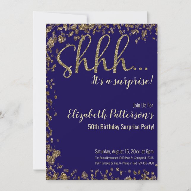 Invitación Shhh es una sorpresa Adulto de oro de la fiesta de (Anverso)