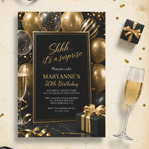 Invitación Shhh es una Sorpresa Cumpleaños 50 Negro Oro