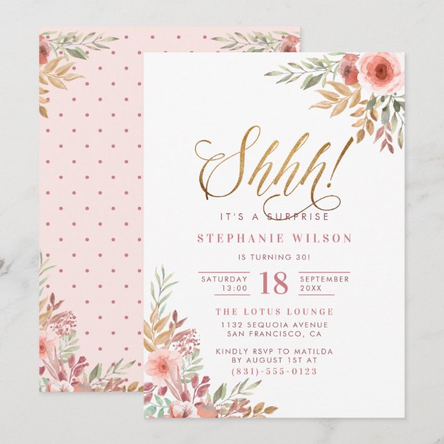 Invitación ¡Shhh! Es una sorpresa | Cumpleaños de escritura m (Anverso / Reverso)
