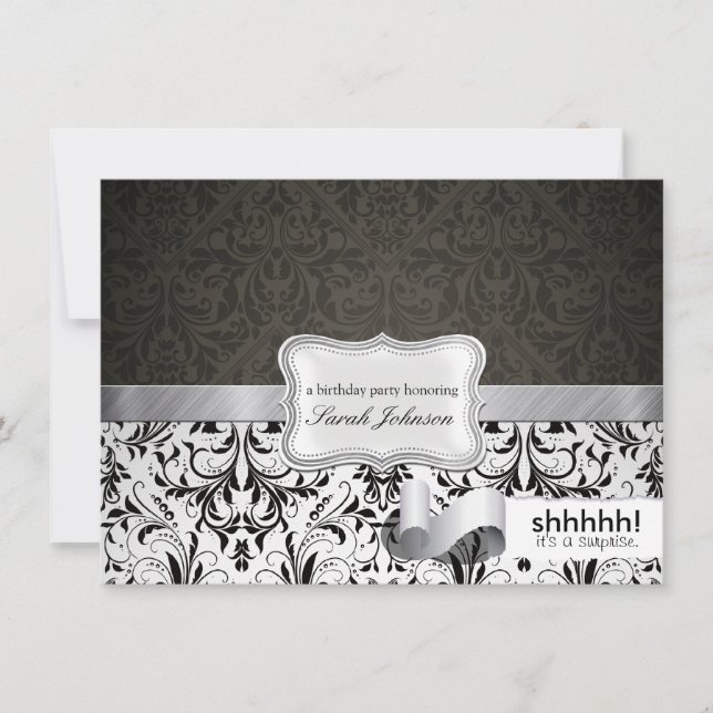 Invitación ¡Shhh!  Es una sorpresa.  Damasco blanco y negro (Anverso)