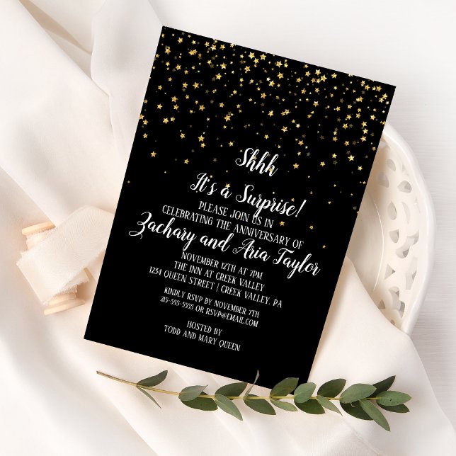 Invitación Shhh es una sorpresa de oro en Fiesta negro (Subido por el creador)