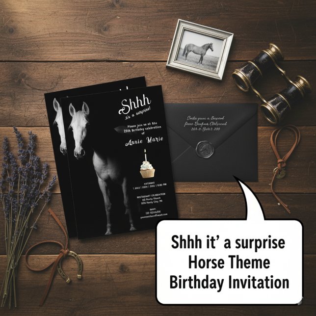 Invitación Shhh es una sorpresa el cumpleaños de los caballos (Shhh it's a surprise Horse Them Birthday Invitation)