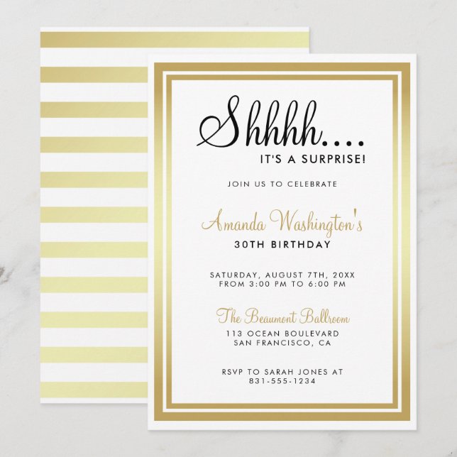 Invitación Shhh... ¡Es Una Sorpresa! Elegante cumpleaños dora (Anverso / Reverso)