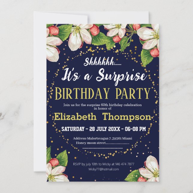 Invitación Shhh es una sorpresa purpurina floral moderno 60 (Anverso)