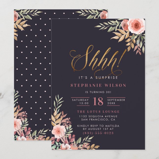 Invitación ¡Shhh! Fiesta de cumpleaños sorpresa con guión de  (Anverso / Reverso)