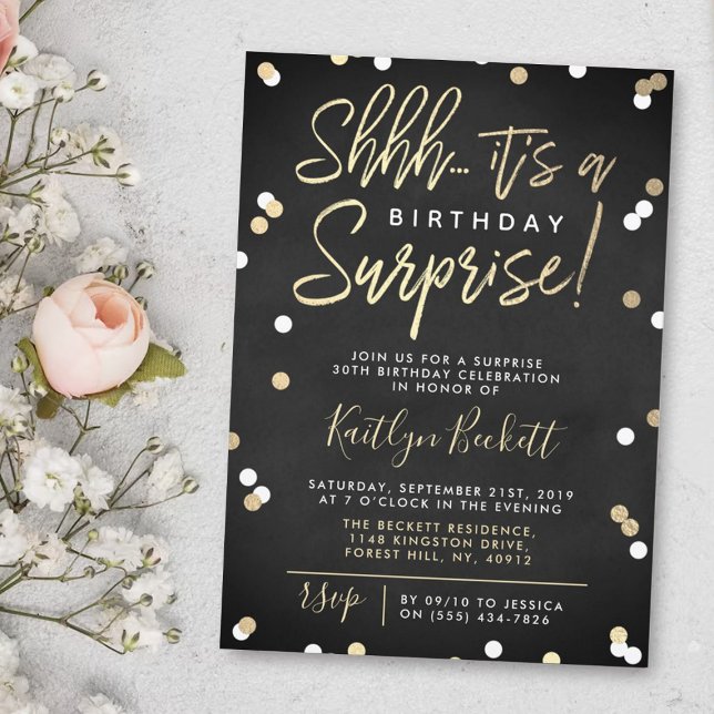 Invitación Shhh... Relieve metalizado dorado de Surprise Birt (Subido por el creador)