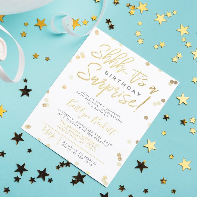 Invitación Shhh... Relieve metalizado dorado de Surprise Birt (Subido por el creador)