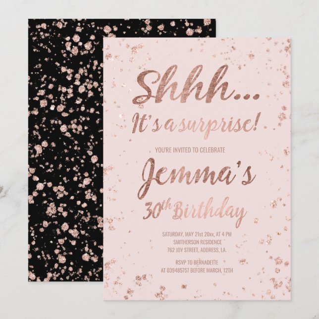 Invitación Shhh rosa oro confetti rubor 30 cumpleaños (Anverso / Reverso)