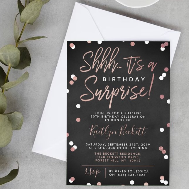 Invitación Shhh... Sorpresa Cumpleaños Rosa Relieve metalizad (Subido por el creador)