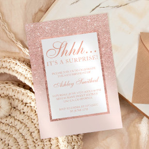 Invitación Shhh sorpresa rosa purpurina de oro moda Sweet 16