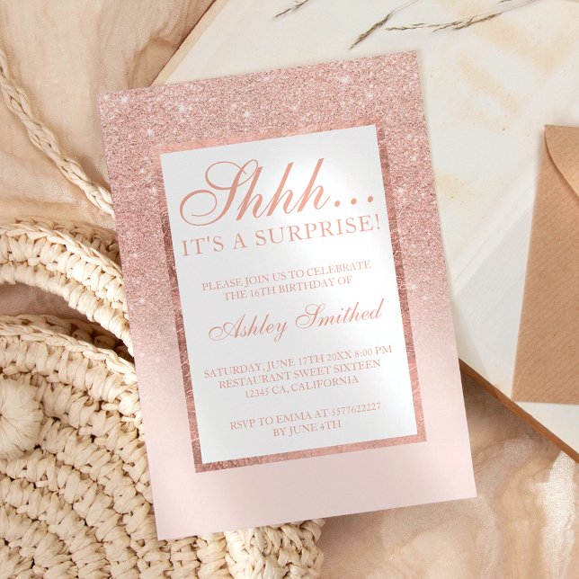 Invitación Shhh sorpresa rosa purpurina de oro moda Sweet 16 (Subido por el creador)