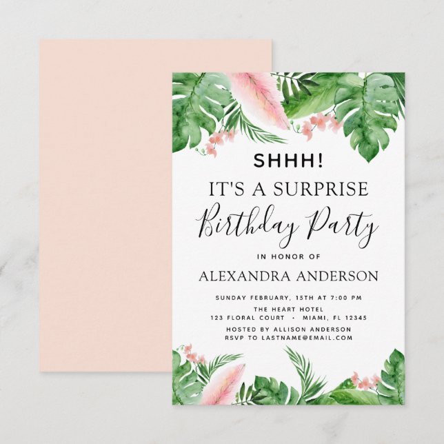 Invitación Shhh Surprise Birday Party Tropical Palm Floral (Anverso / Reverso)