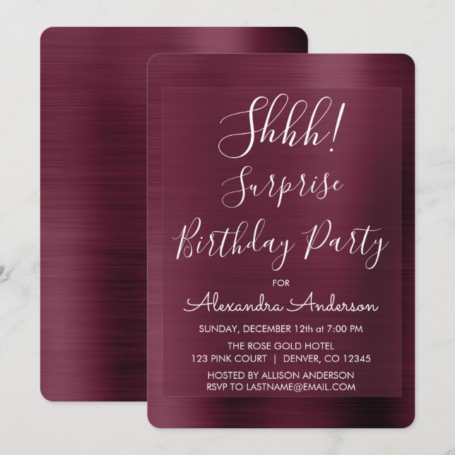 Invitación ¡Shhh! Surprise Burgundy Birthday (Anverso / Reverso)
