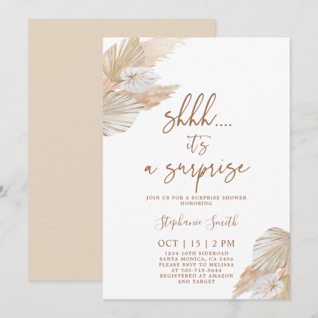 Invitación Shhh Surprise Pampas Grasas Shower (Anverso / Reverso)