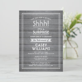 Invitación ¡Shhh! Surprise Retirement Gray Faux Wood Rustic