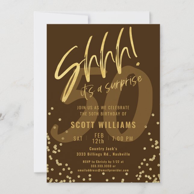 Invitación ¡Shhhh! Es una fiesta de cumpleaños de oro sorpres (Anverso)