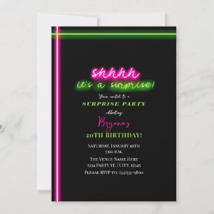 Invitación Shhhh Es una Fiesta Sorpresa Luz Neón Rosa Verde