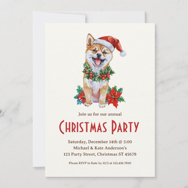 Invitación Shiba Inu en un Fiesta de Navidades de perro Masco (Anverso)