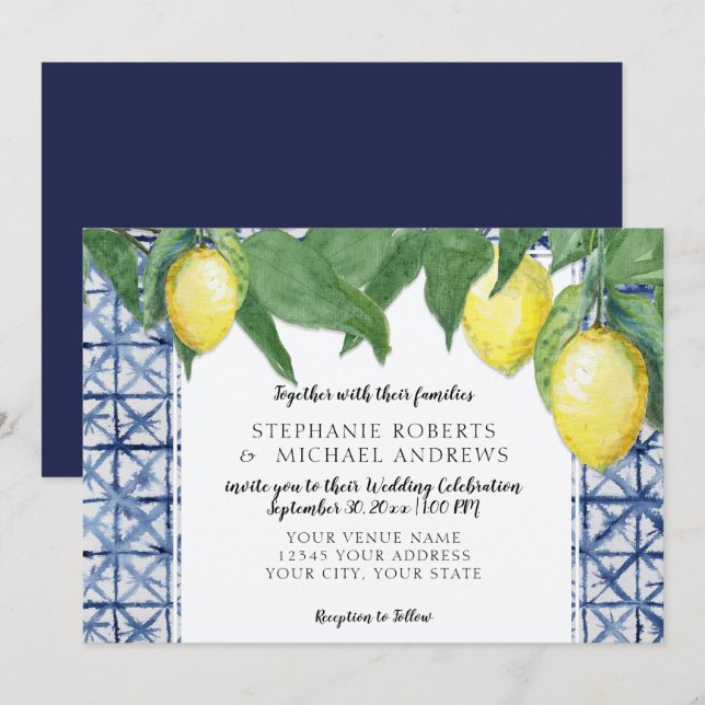 Invitación Shibori blanco azul de la marina horizontal con ra (Anverso / Reverso)