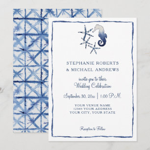 Invitación Shibori Tie Dye Indigo Seahorse Starfish Beach Art