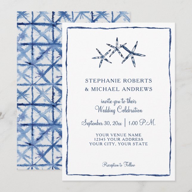 Invitación Shibori Tie Dye Indigo Watercolor Starfish Beach (Anverso / Reverso)