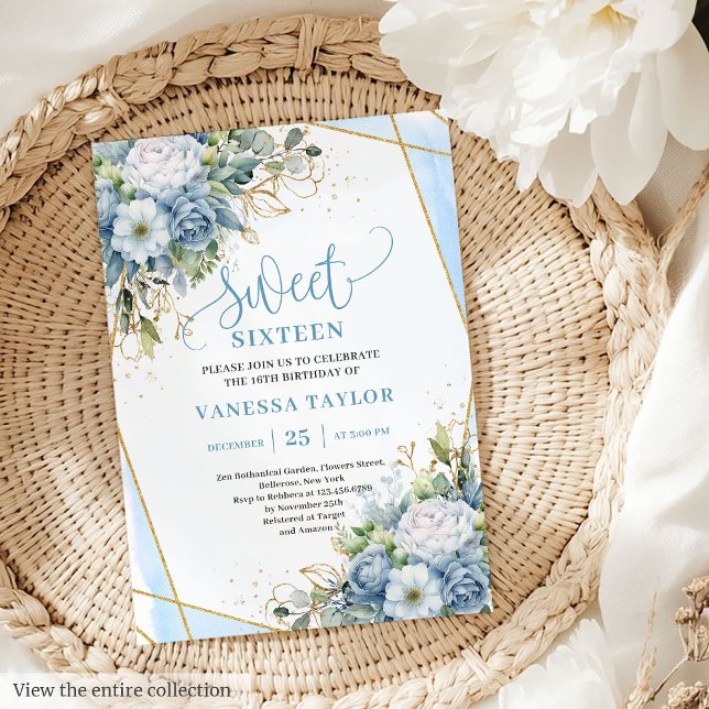 Invitación Shimmer Dusty Blue Peonies Sweet 16 Invita (Shimmer Dusty Blue White Peonies Sweet 16 Invitation)
