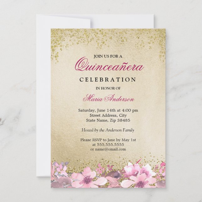Invitación Shimmer Quinceanera, Purpurina de oro floral rosa (Anverso)
