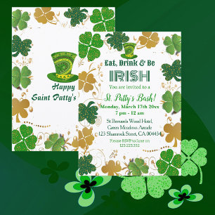 Invitación Shimmer verde dorado Shamrock irlandés St Pattys B