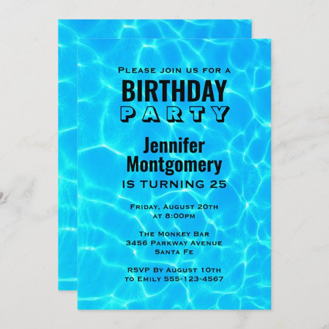 Invitación Shimmering Blue Pool Water Reflections Cumpleaños (Anverso / Reverso)