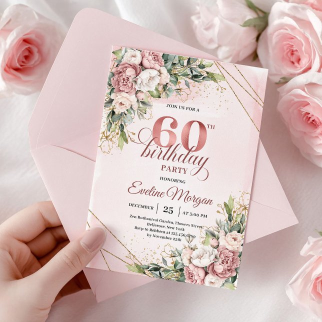 Invitación Shimmering Dusty Pink Floral Rose Gold 60 Birthday (Shimmering Dusty Pink Floral Rose Gold 60th Birthday)