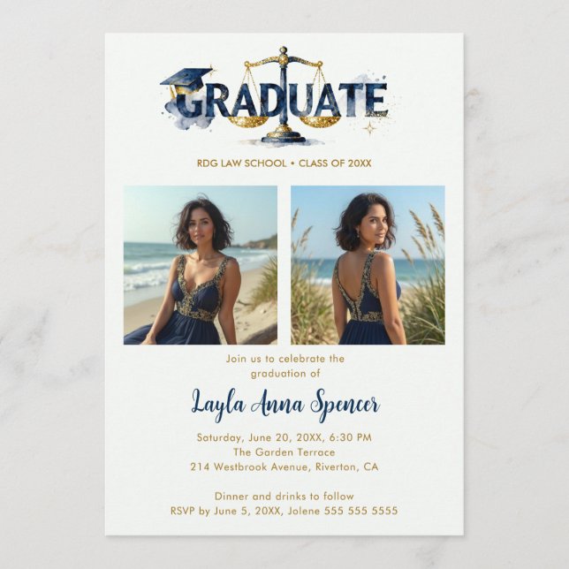 Invitación Shimmering Navy & Gold Law Graduation Cap 2-Photo (Anverso)